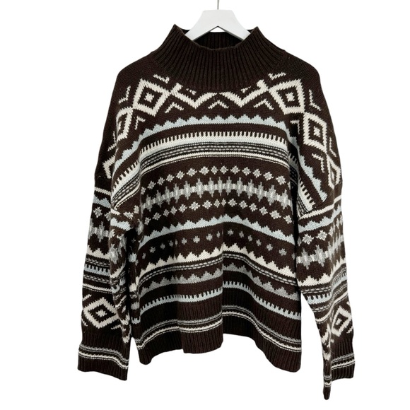 Sundance Fair Isle Mock Neck Wool Blend Sweater Brown Cream Blue Size XXL - Picture 2 of 8